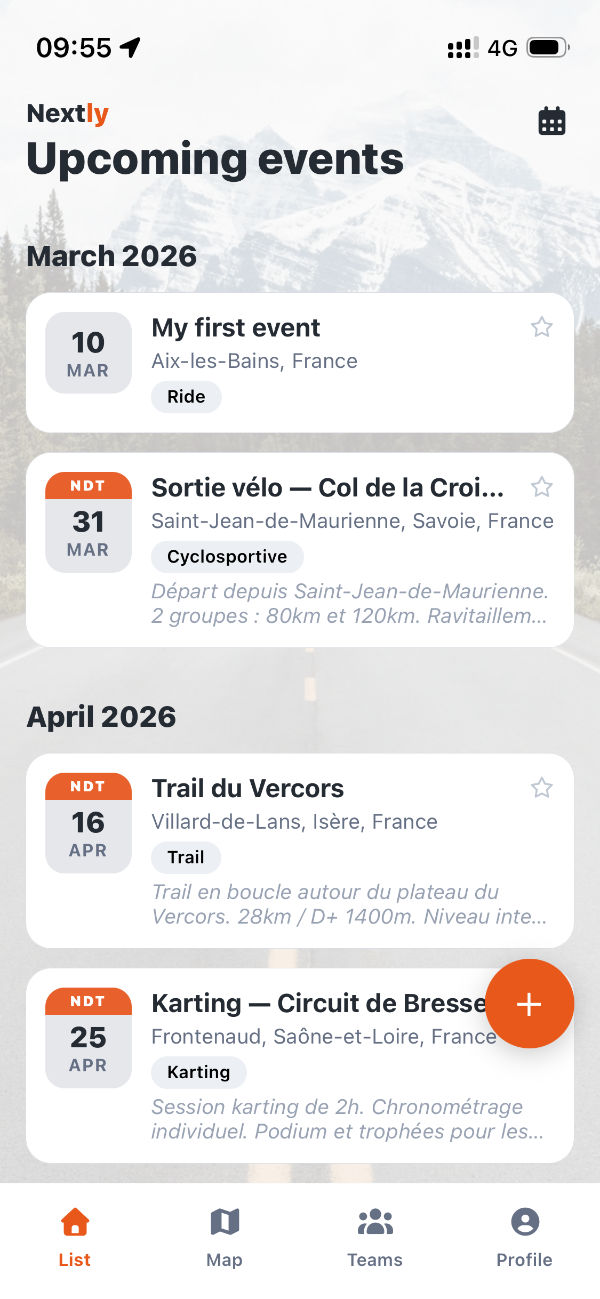 Liste des événements à venir